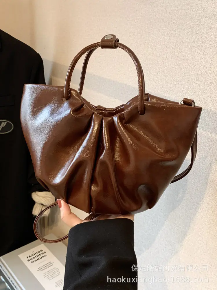 French Pleated Soft Leather Satchel Bag Women Brown