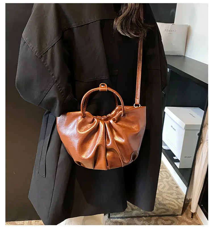 French Pleated Soft Leather Satchel Bag Women Brown — feature 1