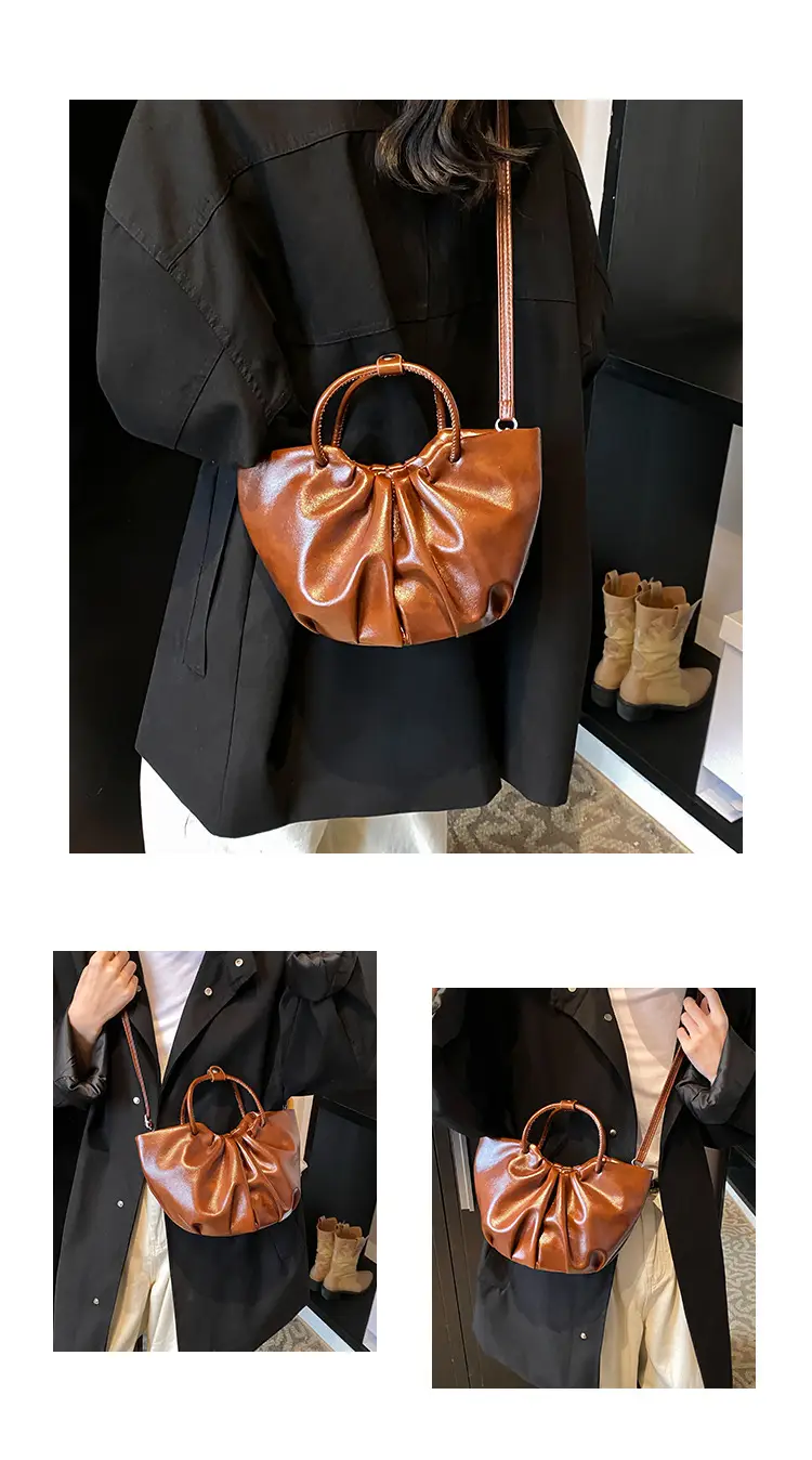 French Pleated Soft Leather Satchel Bag Women Brown — feature 10