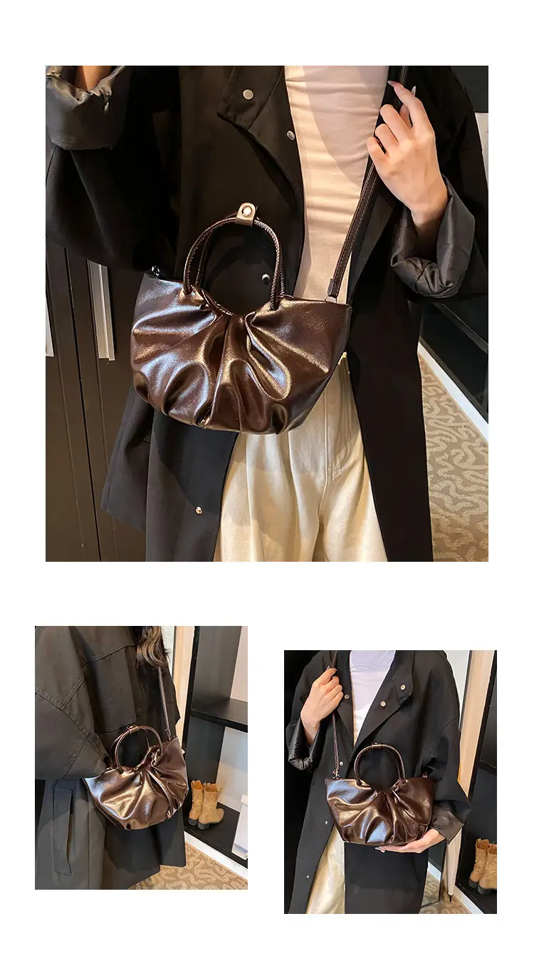 French Pleated Soft Leather Satchel Bag Women Brown — feature 11