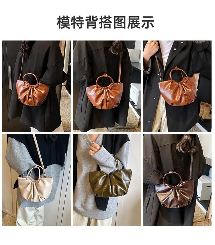 French Pleated Soft Leather Satchel Bag Women Brown — feature 13