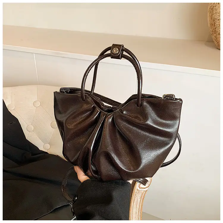 French Pleated Soft Leather Satchel Bag Women Brown — feature 16