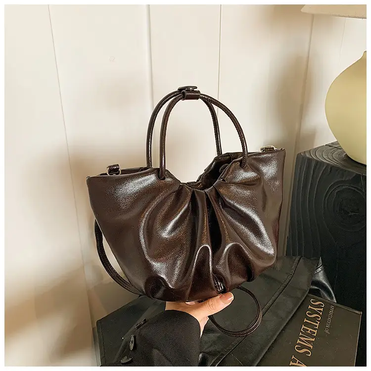 French Pleated Soft Leather Satchel Bag Women Brown — feature 17