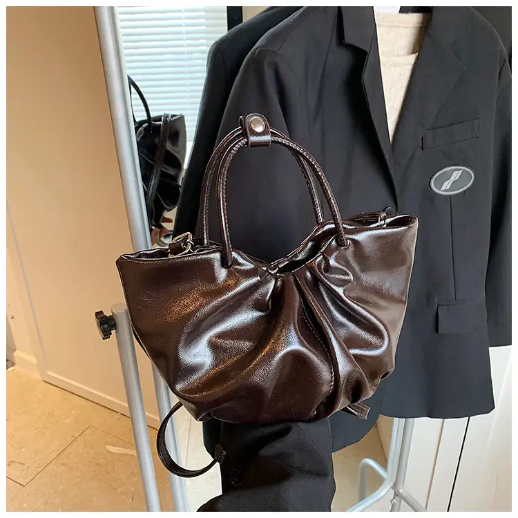 French Pleated Soft Leather Satchel Bag Women Brown — feature 20