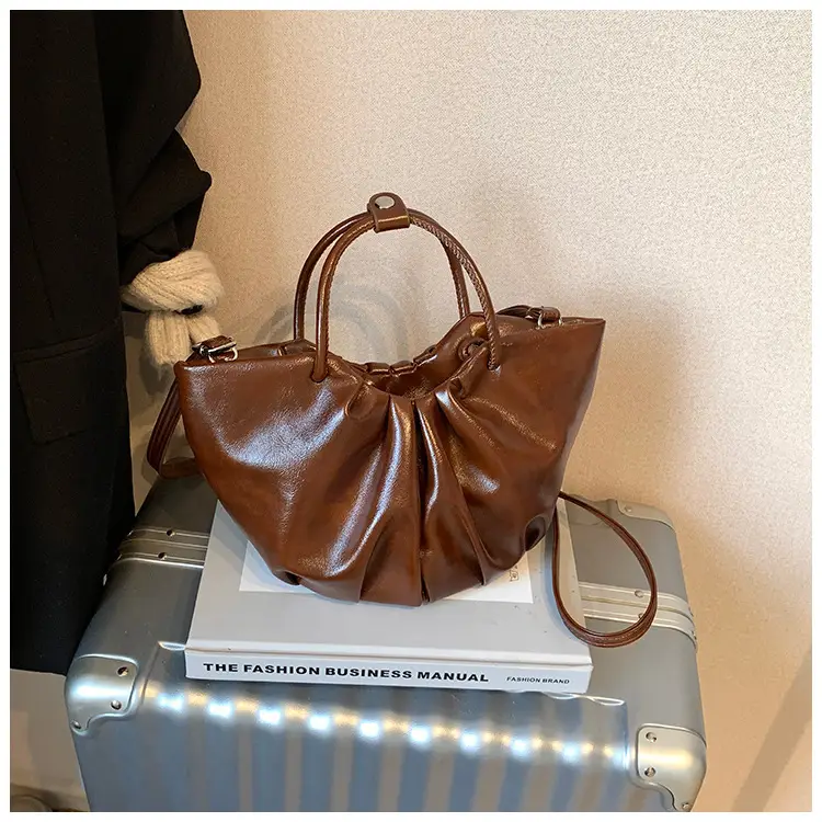 French Pleated Soft Leather Satchel Bag Women Brown — feature 22
