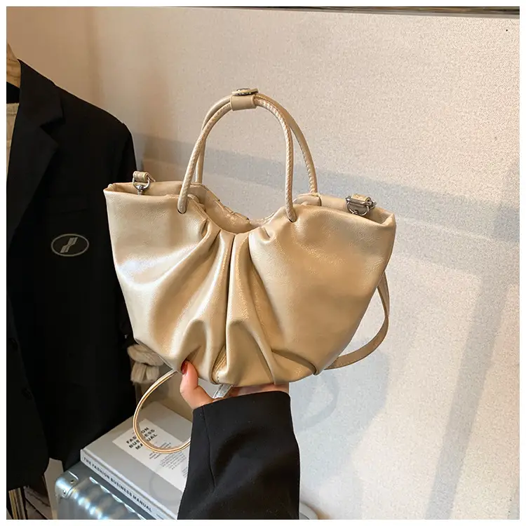 French Pleated Soft Leather Satchel Bag Women Brown — feature 24