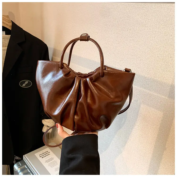 French Pleated Soft Leather Satchel Bag Women Brown — feature 25