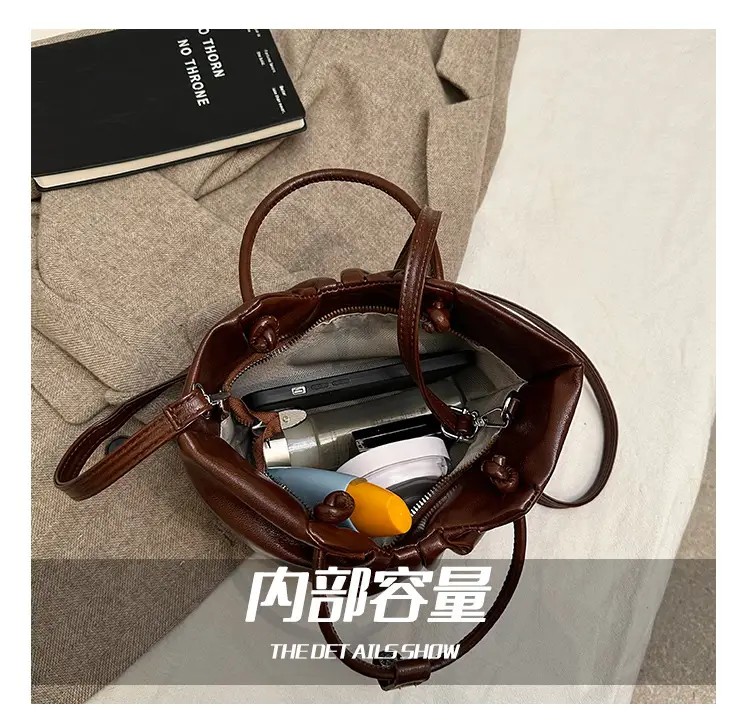 French Pleated Soft Leather Satchel Bag Women Brown — feature 3