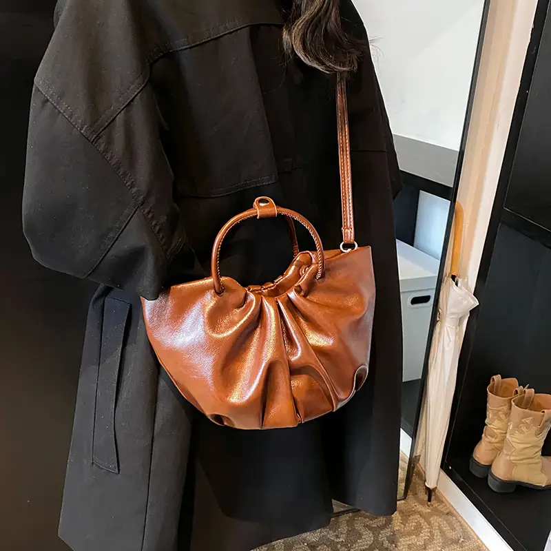 French Pleated Soft Leather Satchel Bag Women Brown
