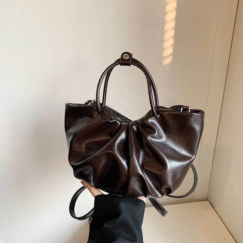French Pleated Soft Leather Satchel Bag Women Brown