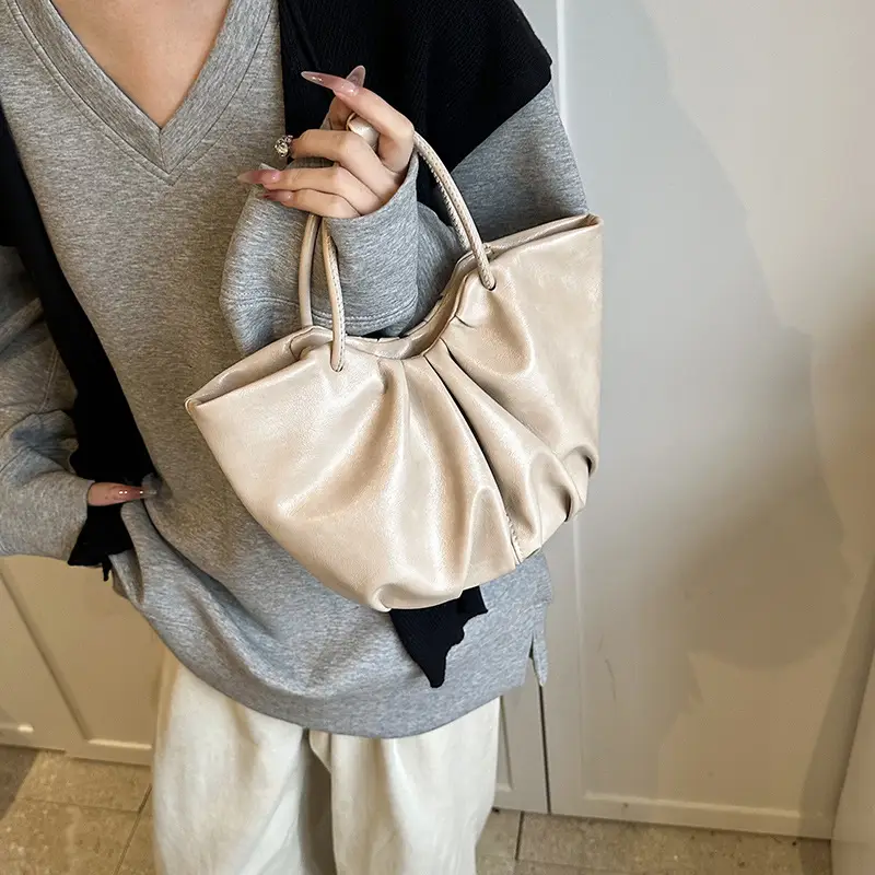 French Pleated Soft Leather Satchel Bag Women Brown