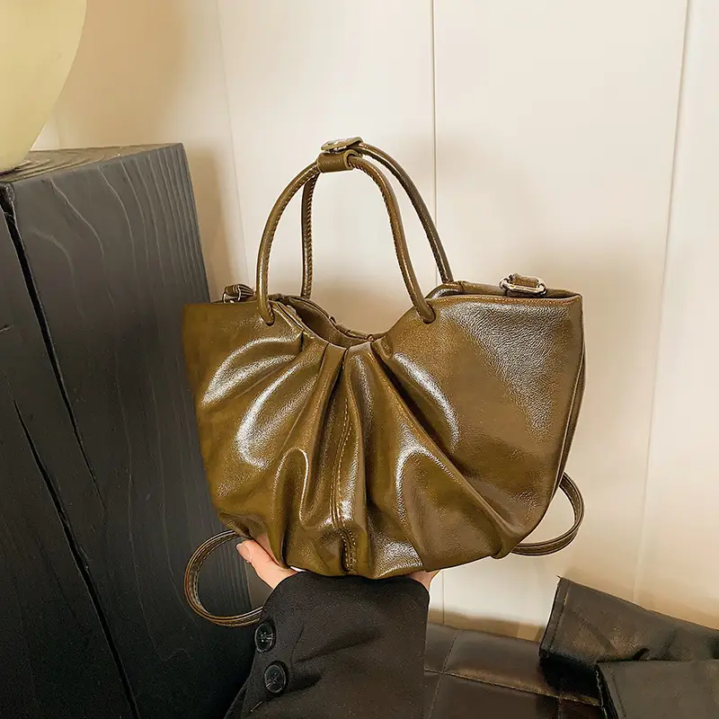 French Pleated Soft Leather Satchel Bag Women Brown