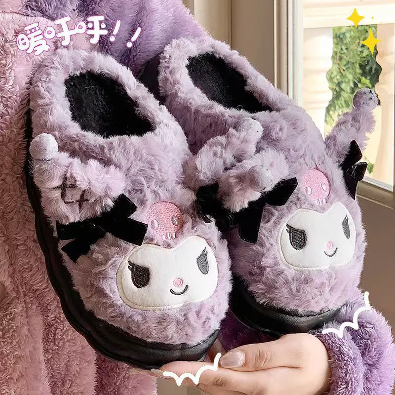Sanrio Kulomi Cotton Slippers Women's Autumn and Winter 2024 New Cute Plush Thickened Warm Slippers Women's Winter