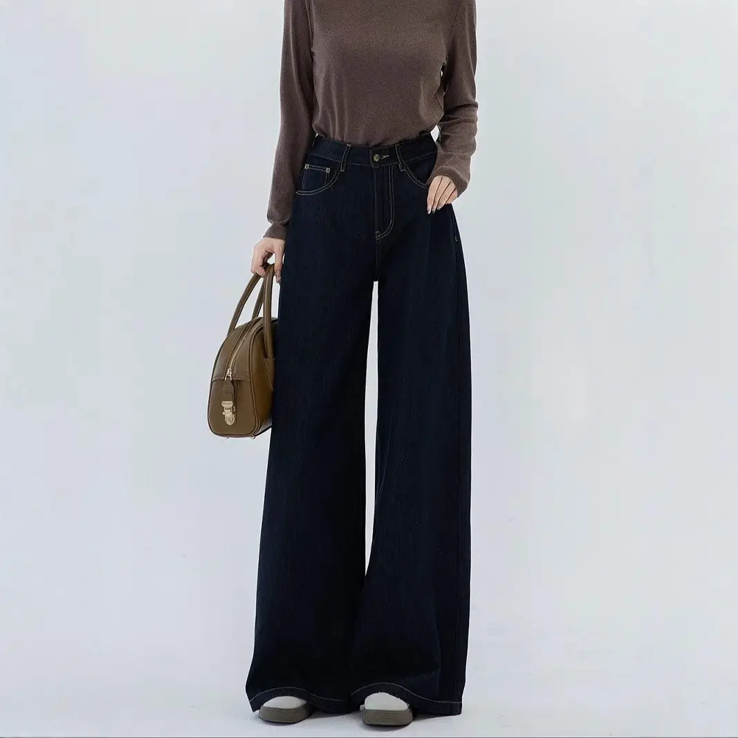 Tannin Dark Blue Wide Leg Denim Pants High Waist 2024
