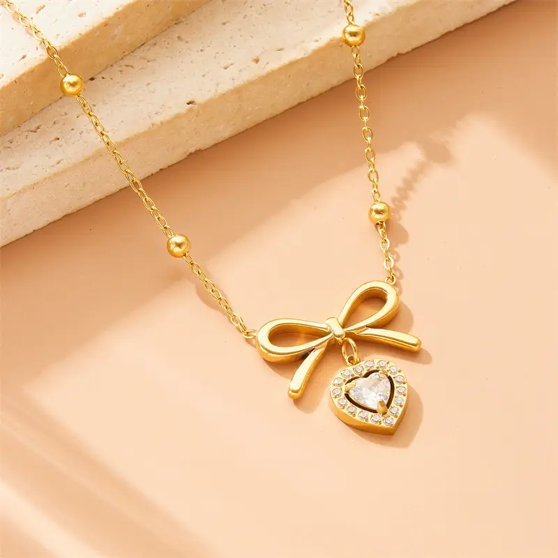 Golden Bow Diamond Pendant Necklace for Women - Image 2