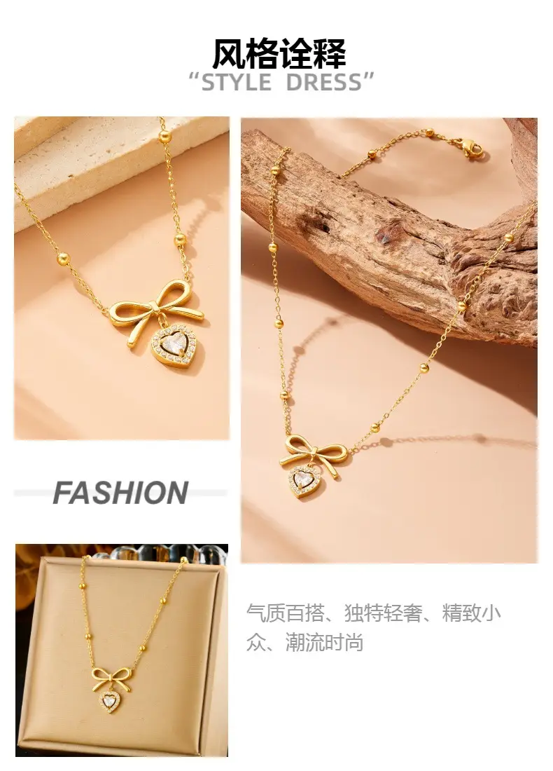 Golden Bow Diamond Pendant Necklace for Women — feature 1