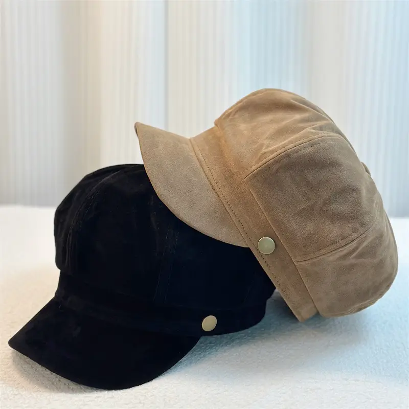 Women's Brown Flocking Cap Autumn Winter Retro Beret - Image 6