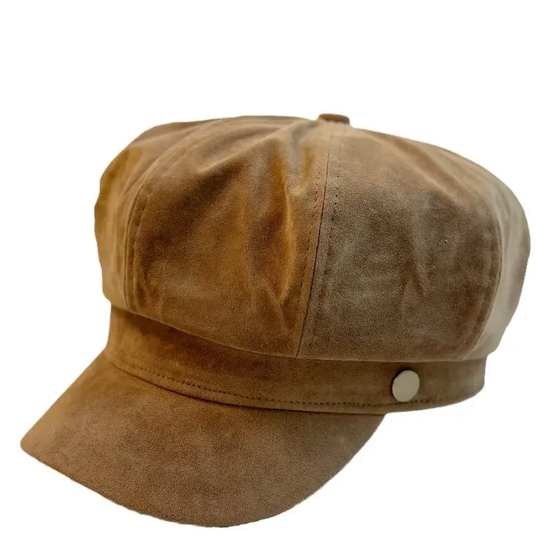 Women's Brown Flocking Cap Autumn Winter Retro Beret - Image 8