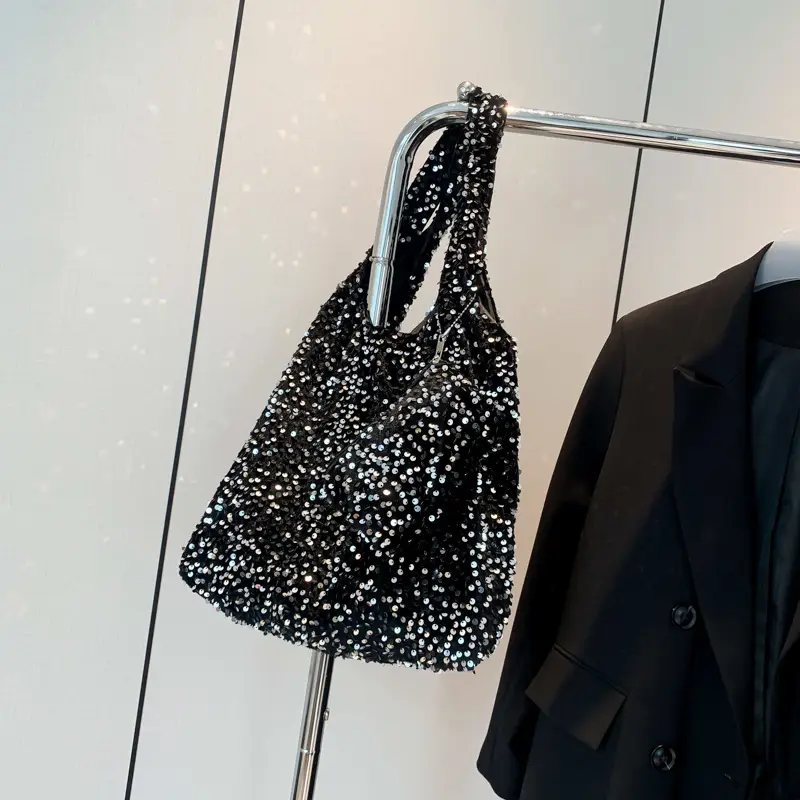 Black Sequin One-shoulder Commuter Bag for Women - Image 3