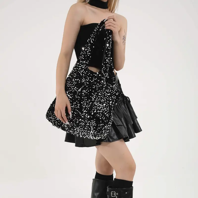 Black Sequin One-shoulder Commuter Bag for Women - Image 6