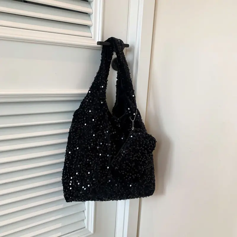 Black Sequin One-shoulder Commuter Bag for Women - Image 2