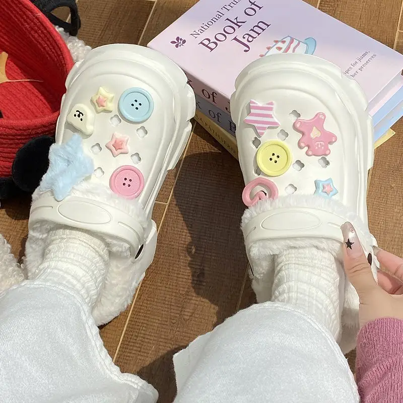 Cave Shoes Winter fleece-lined Detachable Women's Autumn and Winter Girls High Heel Cute Student Non-slip Cotton Slippers Winter fleece-lined
