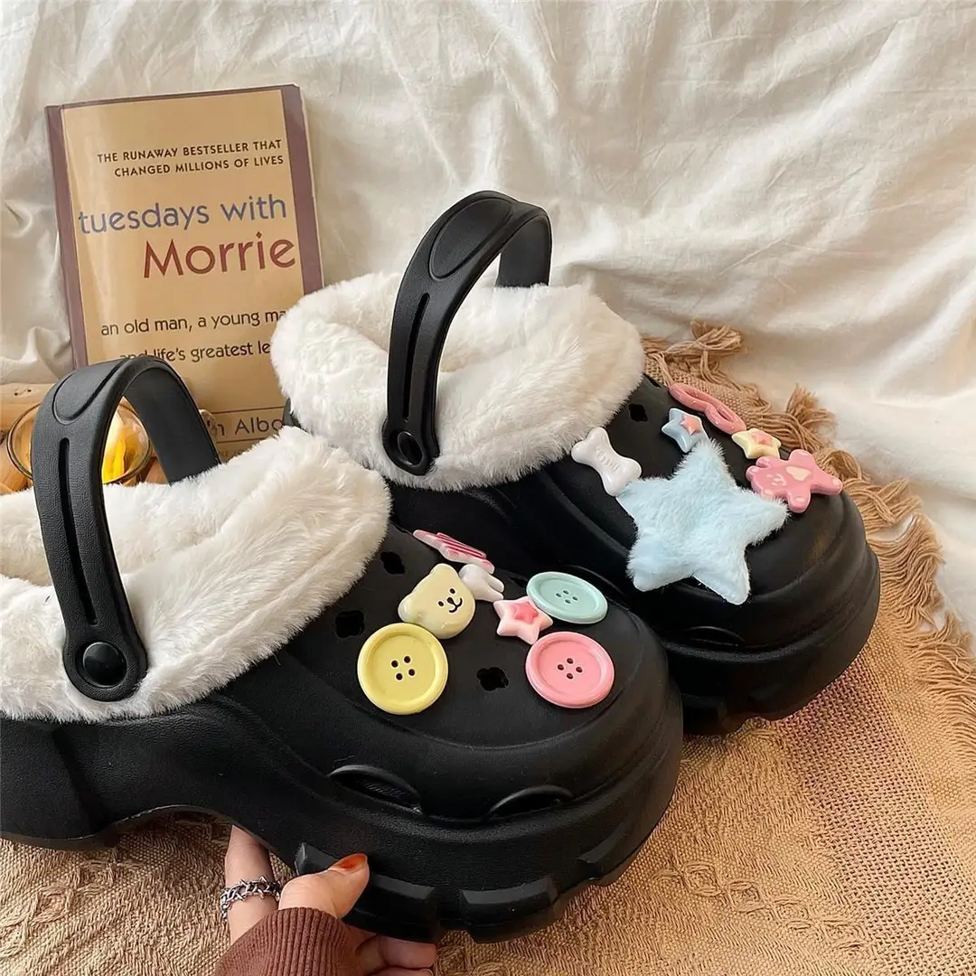 Cave Shoes Winter fleece-lined Detachable Women's Autumn and Winter Girls High Heel Cute Student Non-slip Cotton Slippers Winter fleece-lined