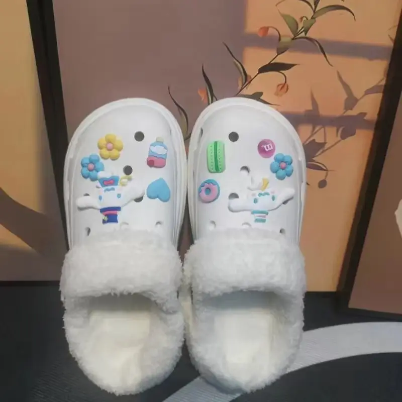 Cave Shoes Winter fleece-lined Detachable Women's Autumn and Winter Girls High Heel Cute Student Non-slip Cotton Slippers Winter fleece-lined