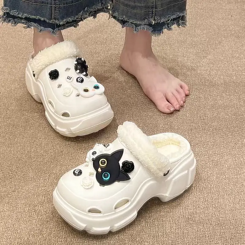 Cave Shoes Winter fleece-lined Detachable Women's Autumn and Winter Girls High Heel Cute Student Non-slip Cotton Slippers Winter fleece-lined