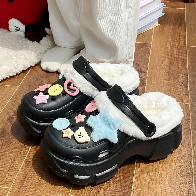 Cave Shoes Winter fleece-lined Detachable Women's Autumn and Winter Girls High Heel Cute Student Non-slip Cotton Slippers Winter fleece-lined