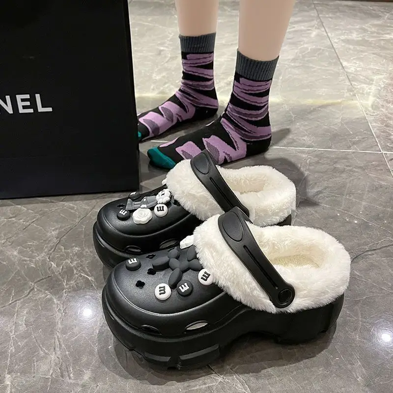 Cave Shoes Winter fleece-lined Detachable Women's Autumn and Winter Girls High Heel Cute Student Non-slip Cotton Slippers Winter fleece-lined