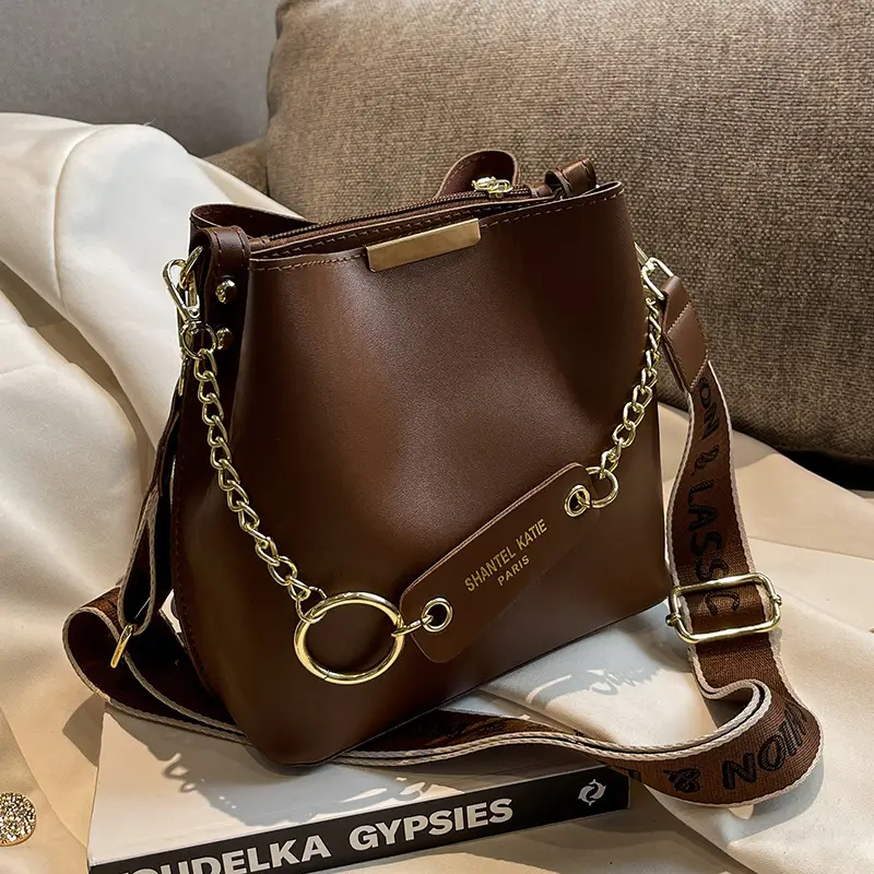 Women's Brown Leather Shoulder Crossbody Bag with Gold Chain - Image 5