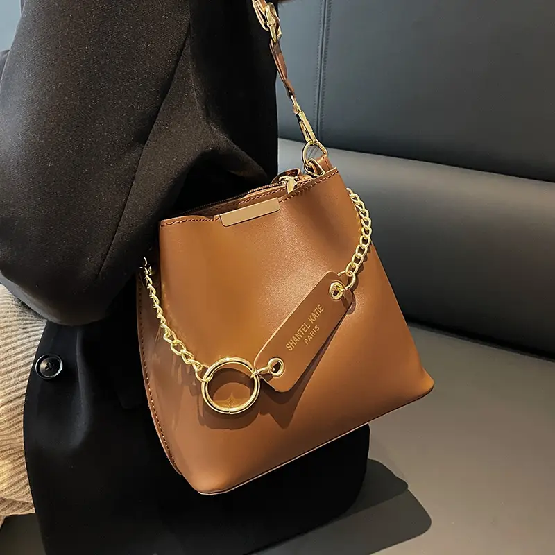 Women's Brown Leather Shoulder Crossbody Bag with Gold Chain - Image 8