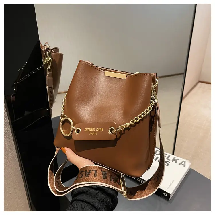 Women's Brown Leather Shoulder Crossbody Bag with Gold Chain — feature 25