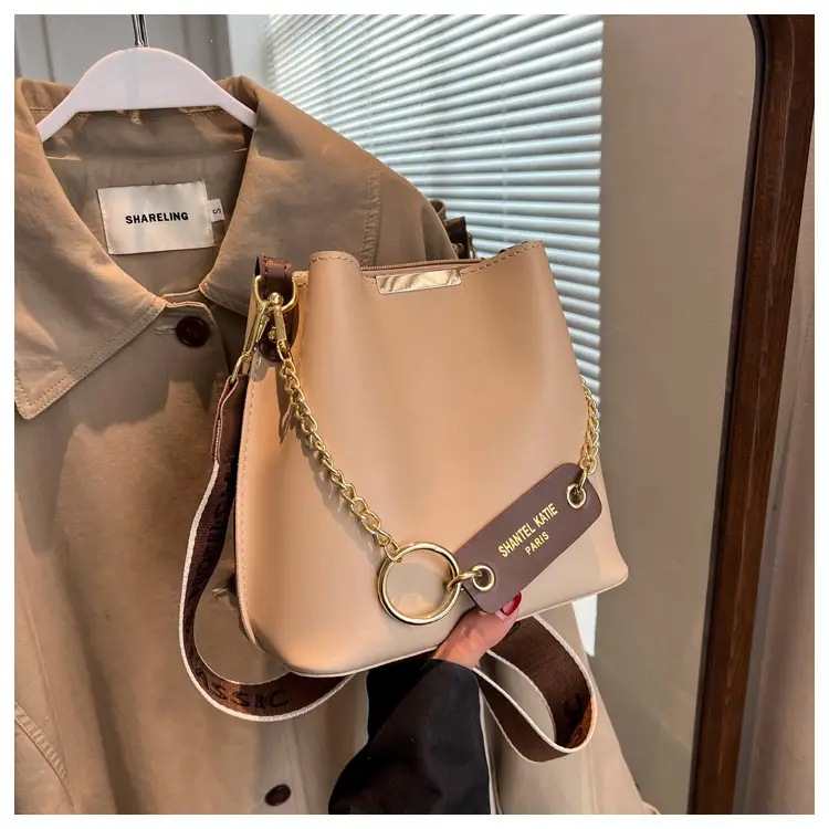 Women's Brown Leather Shoulder Crossbody Bag with Gold Chain — feature 33