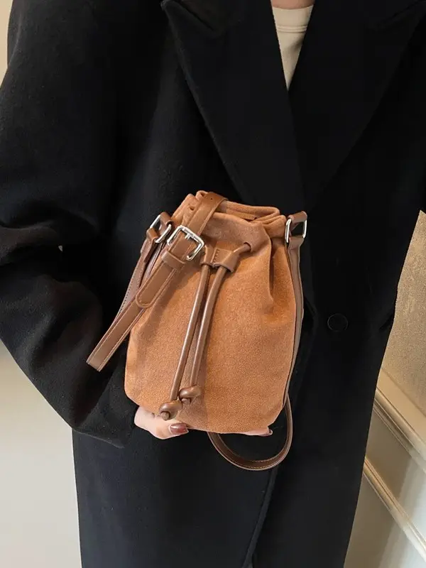 Women's Suede Drawstring Bucket Bag Brown 2024 - Image 4