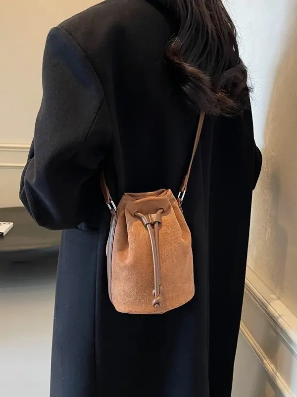 Women's Suede Drawstring Bucket Bag Brown 2024 - Image 5