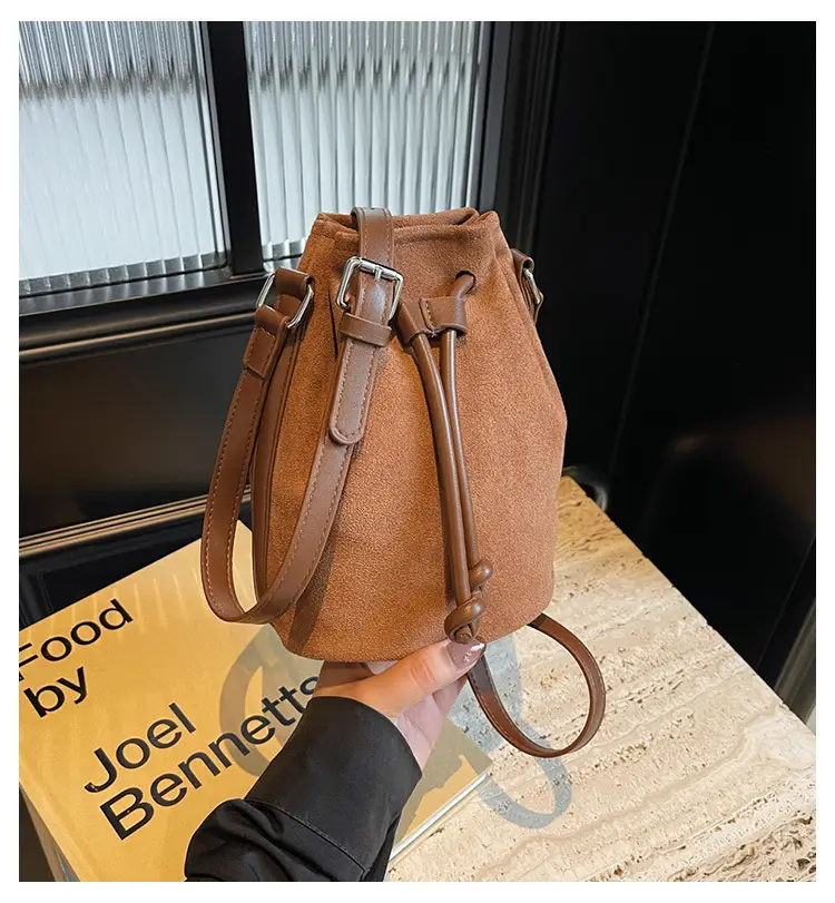 Women's Suede Drawstring Bucket Bag Brown 2024 — feature 1