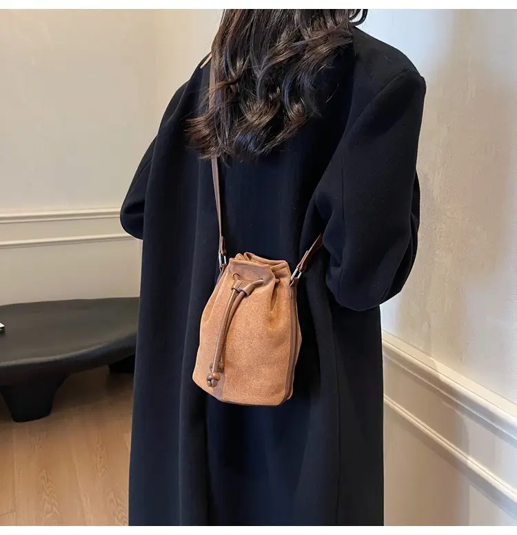 Women's Suede Drawstring Bucket Bag Brown 2024 — feature 10