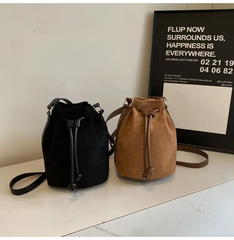 Women's Suede Drawstring Bucket Bag Brown 2024 — feature 16
