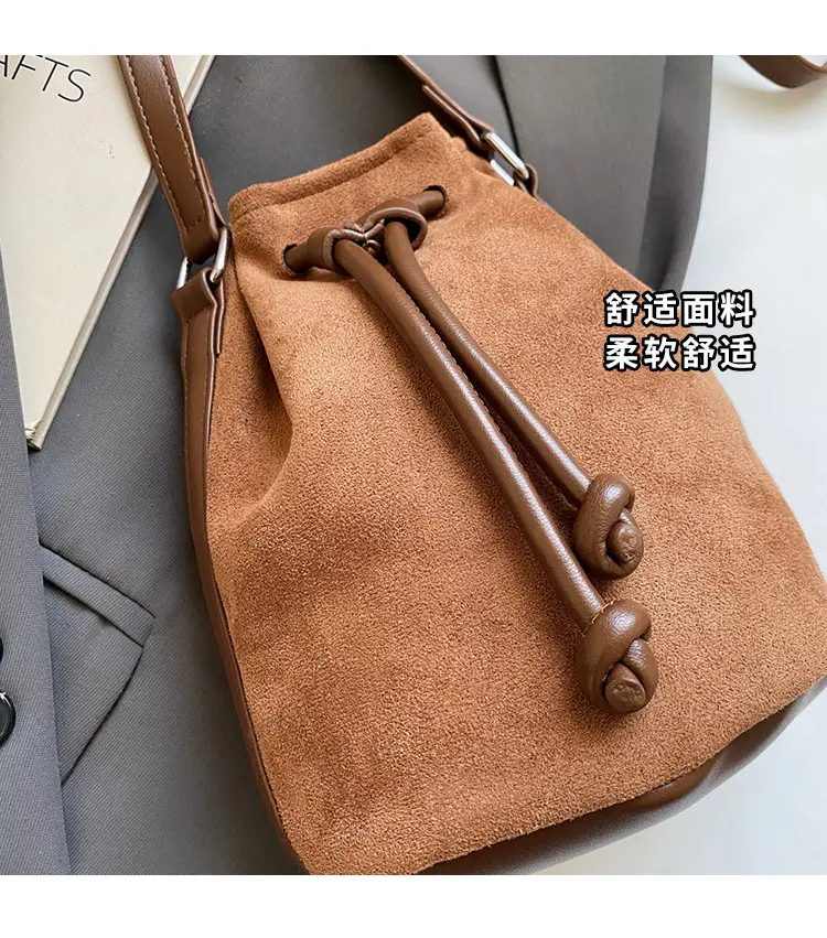Women's Suede Drawstring Bucket Bag Brown 2024 — feature 3