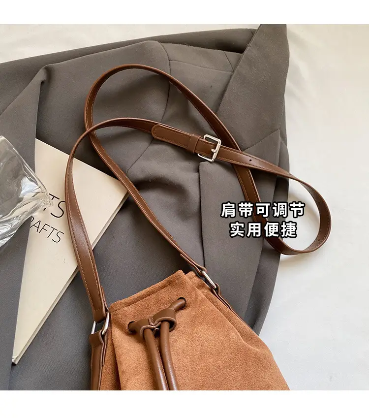 Women's Suede Drawstring Bucket Bag Brown 2024 — feature 4