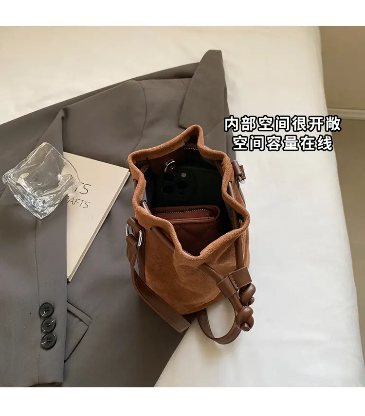 Women's Suede Drawstring Bucket Bag Brown 2024 — feature 5
