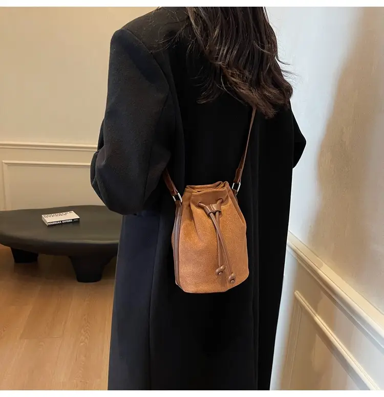 Women's Suede Drawstring Bucket Bag Brown 2024 — feature 7