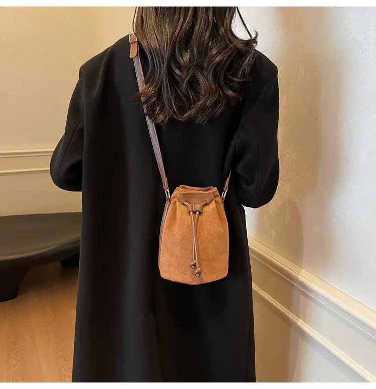 Women's Suede Drawstring Bucket Bag Brown 2024 — feature 8