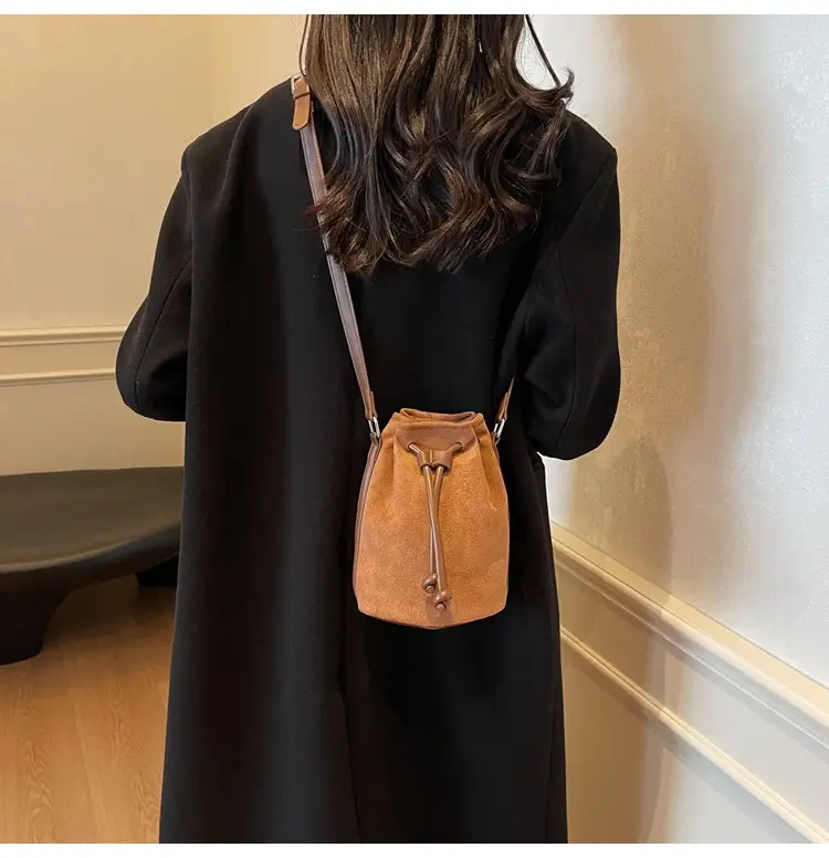 Women's Suede Drawstring Bucket Bag Brown 2024 — feature 9