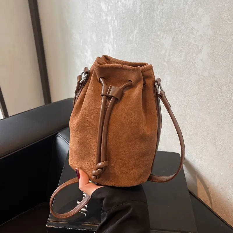 Women's Suede Drawstring Bucket Bag Brown 2024 - Image 2