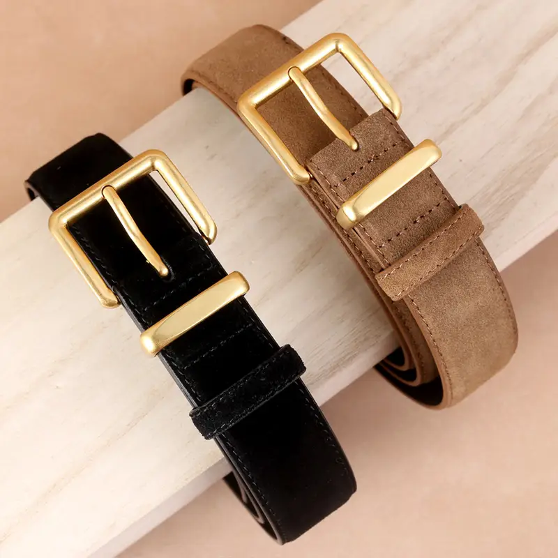 Women's Genuine Leather Matte Belt with Gold Buckle - Image 9