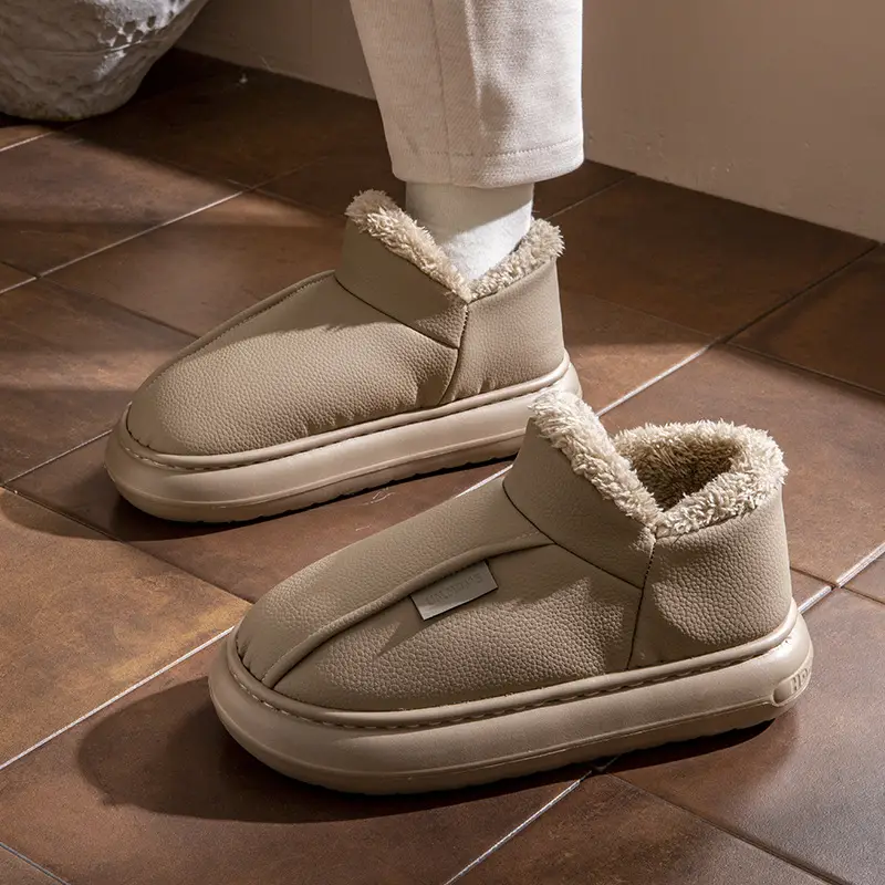 Couple waterproof bag with cotton slippers women's 2024 new autumn and winter non-slip pu leather fleece-lined cotton shoes winter wear - Image 5