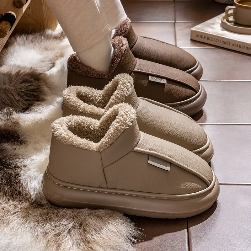 Couple waterproof bag with cotton slippers women's 2024 new autumn and winter non-slip pu leather fleece-lined cotton shoes winter wear - Image 7